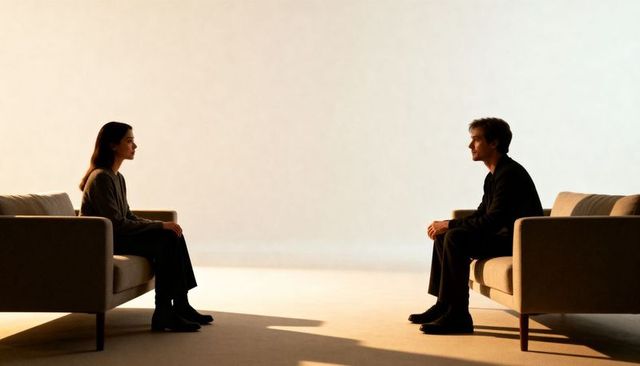 Two people sitting opposite on minimalist sofas, quiet conversation with dramatic shadows
