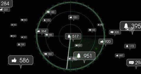 Radar-style notification dashboard showing rotating green sweep and floating social badges