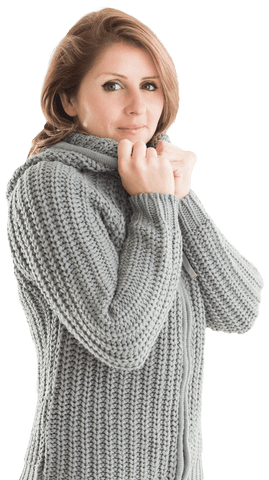 Biracial Woman Wearing Cozy Grey Sweater Holding Collar