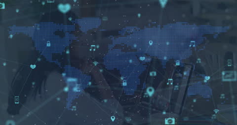 Digital World Map with Network Connections Overlaying Woman on Laptop