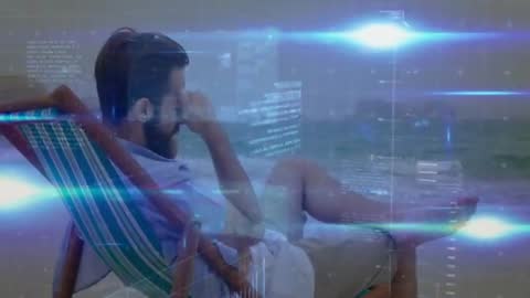 Futuristic Technology Interface Overlaid on Beach Landscape