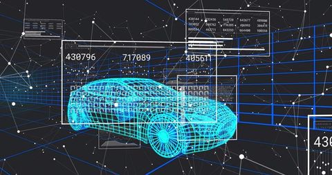 Wireframe car rotating in virtual hud with live data matrices and 3d mesh visualization