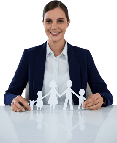 Businesswoman holding paper family cutout on transparent background