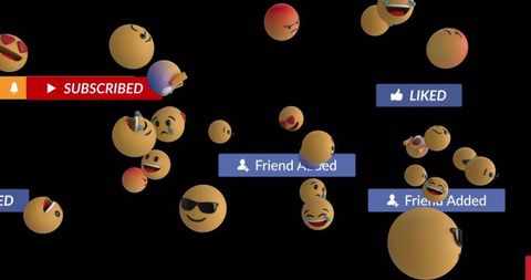 Floating social media emojis and banners on black