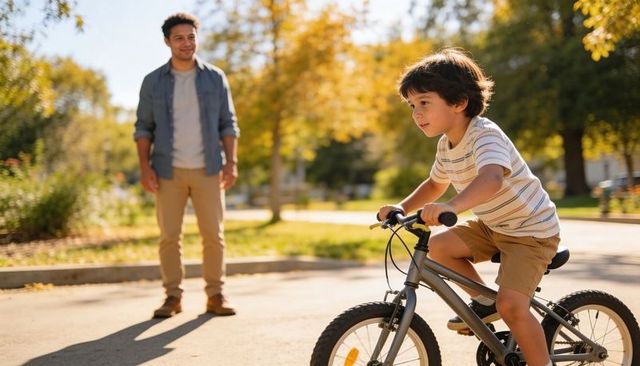 Young boy riding bike in sunny park while father watches, autumn family learning moment