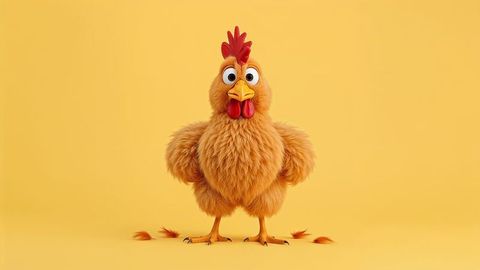 Whimsical orange cartoon chicken character on yellow background