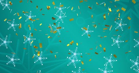 Festive Snowflakes and Gold Confetti on Blue Background