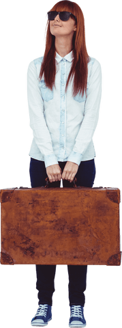 Stylish Hipster Woman with Leather Suitcase Transparent Background - Download Free Stock Videos Pikwizard.com
