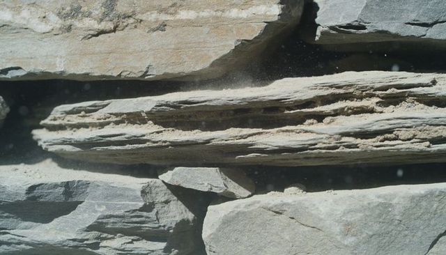Displaying horizontal stratified rock slab with thin bedding planes and dusty crevices