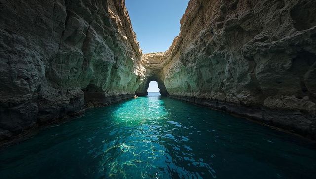 Sunlit limestone sea arch creating turquoise channel through steep coastal cliffs