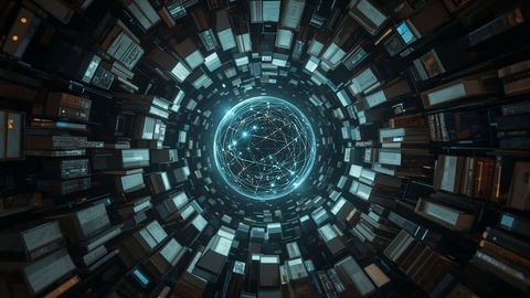 Futuristic digital network sphere in virtual archive space