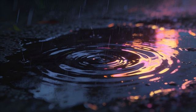 Rippling Neon Rain Puddle Reflecting Pink Purple Orange Lights on Night Urban Asphalt