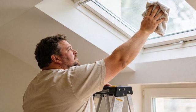 Homeowner cleaning skylight on ladder in bright loft interior for home maintenance