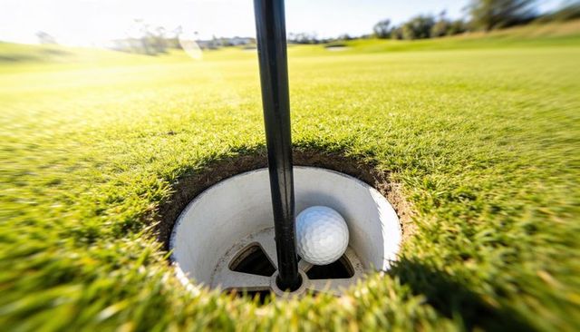 Close-up of golf ball nestling against flagstick inside sunlit putting green cup