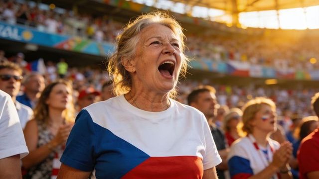 Senior woman cheering at stadium wearing blue white red supporter shirt and face paint