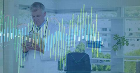 Doctor Analyzing Data on Tablet with Digital Charts Overlay