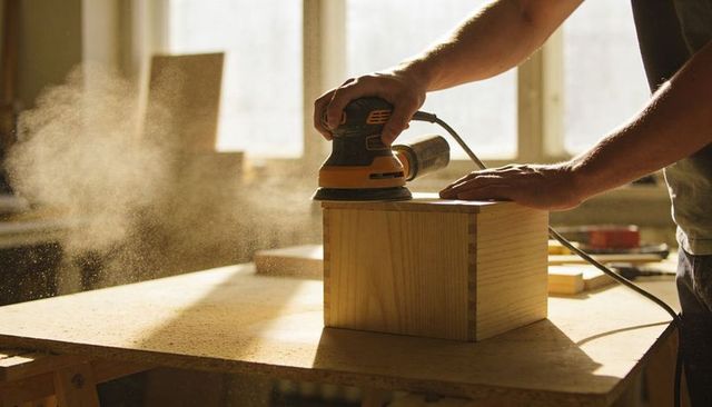 Carpenter sanding wooden box with orbital sander in sunlit workshop, dust cloud and dovetail joinery