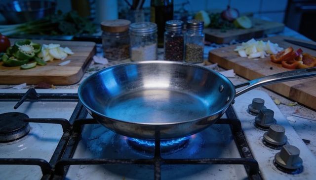 Heating stainless steel skillet on gas burner with blue flame, chopped vegetables and spices
