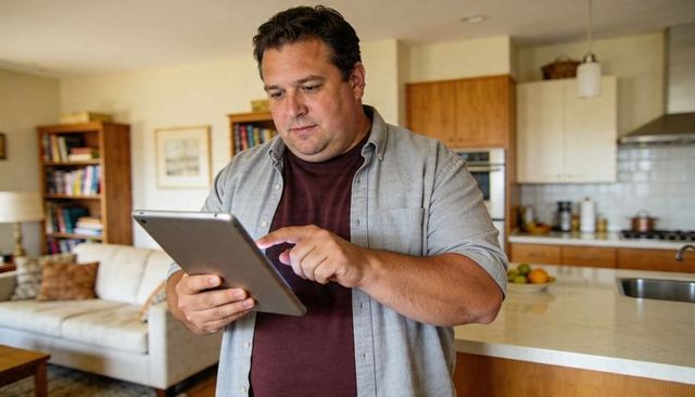 Man checking tablet at kitchen island in cozy modern open-plan home lifestyle scene