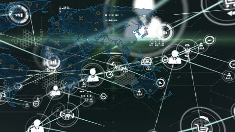 Global Network Connections with Digital Icons and Map