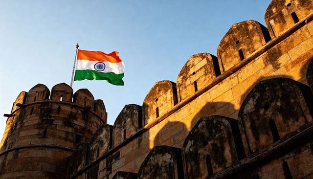 Indian flag fluttering over historic fort battlements at golden hour