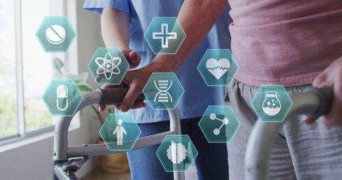 Senior Woman Exercising with Nurse and Healthcare Icons Overlay