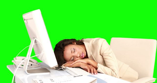 Exhausted Businesswoman Sleeping at Desk with Computer Against Green Screen - Download Free Stock Images Pikwizard.com