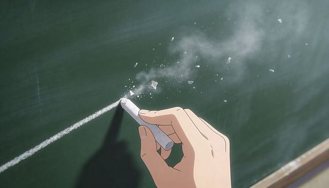 Hand drawing chalk line on classroom chalkboard, dust fragments flying anime closeup