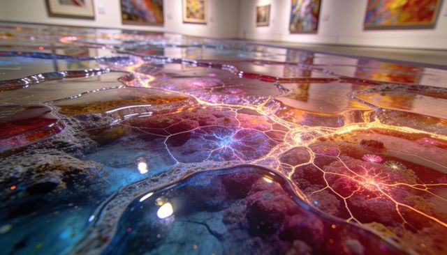 Iridescent epoxy resin installation with cellular luminous pools and framed abstract art