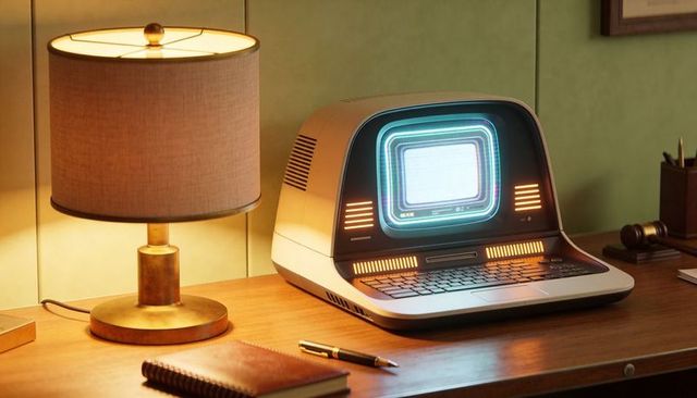 Glowing retro computer sitting on wooden desk with brass lamp notebook and vintage crt glow