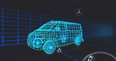 Rotating wireframe van floating in neon 3d grid tunnel with holographic tech icons