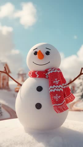 Vertical video zooming on cheerful snowman with red patterned scarf in chalet village
