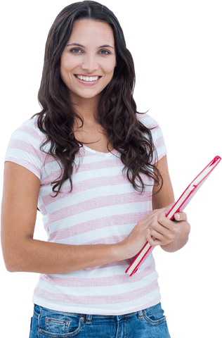 Smiling Caucasian Businesswoman on Transparent Background Holding Tablet