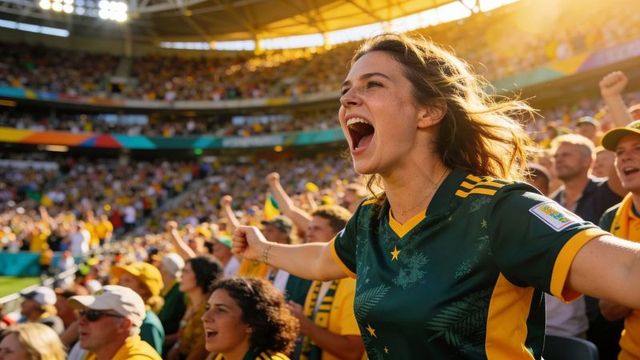 Cheering woman in green and yellow jersey celebrating with fans at packed stadium