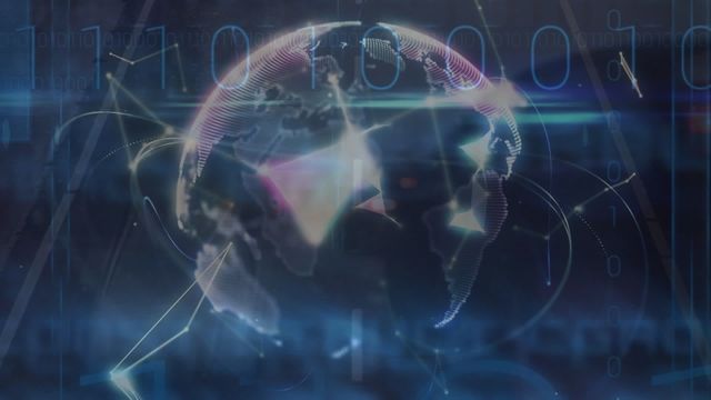 Video depicts interconnected global connections with a backdrop featuring binary code, suggesting a deep tie to digital technology and data processing. Ideal for use in publications, presentations, and websites focused on tech innovation, communication, information technology, and global business solutions.