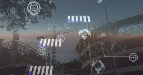 Digital world and construction scaffolding at sunset