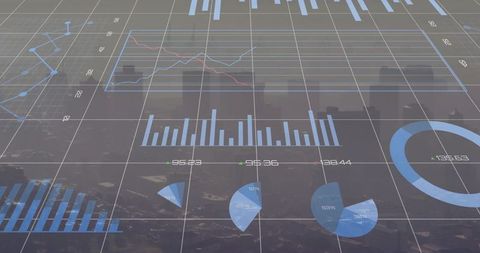 Futuristic Financial Data Visualization Overlaying City Silhouette