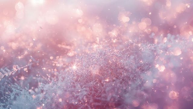 Dreamy pastel frost catching dawn light with glittering ice crystals and iridescent bokeh