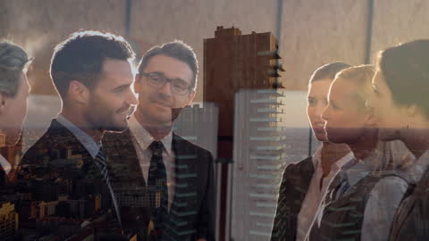 Business Professionals and Cityscape Overlap in Modern Technology Setting