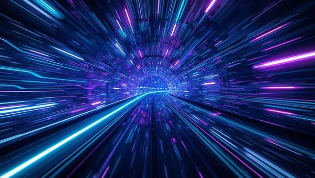 Racing through futuristic neon tunnel toward vanishing point with glowing high-speed track