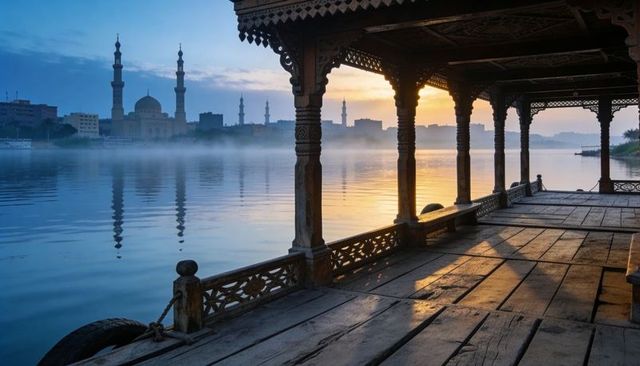 Ornate wooden river pavilion framing misty mosque skyline at sunrise with reflections