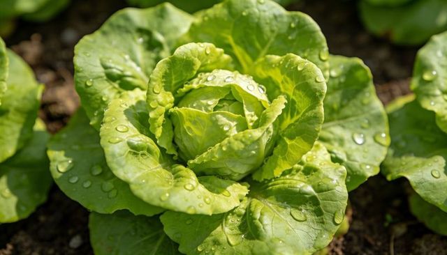 Close-up Butterhead Lettuce with Dew Drops Growing in Organic Garden Bed Fresh Greens