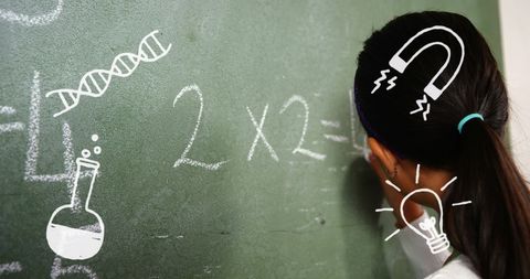 Schoolgirl Writing Arithmetic on Blackboard Surrounded by Science Symbols