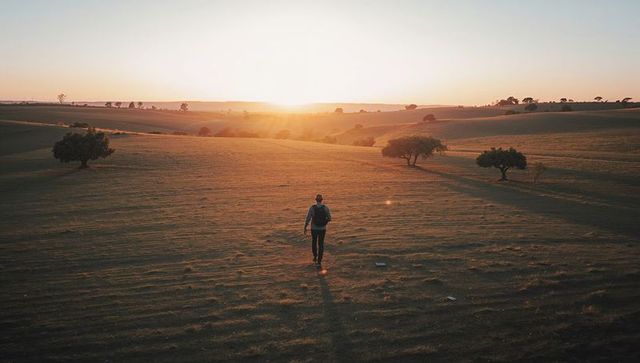 Backpack-wearing Traveler Walking toward Sunset across Rolling Golden Hills