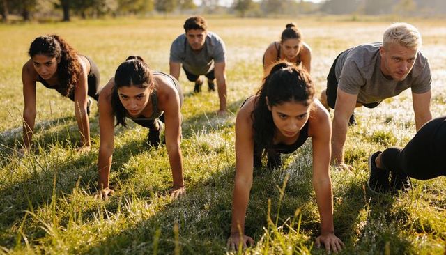 Sunlit outdoor fitness bootcamp group holding high plank on dewy grass, team training