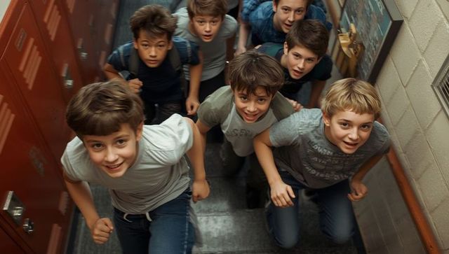 Energetic School Boys Running on Stairwell in Educational Setting