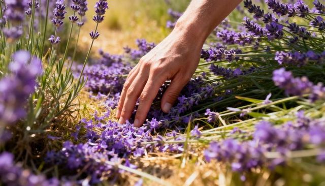 Sunlit hand touching lavender blooms in garden for sensory aromatherapy and harvest