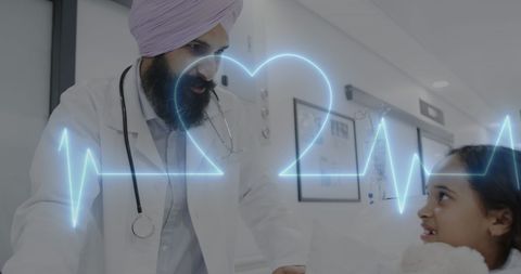 Caring Asian Doctor Attending Young Patient Amid Digital Health Display