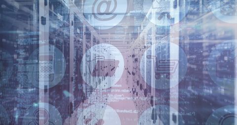 Digital Icons Superimposed on Futuristic Server Room - Download Free Stock Images Pikwizard.com
