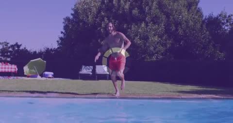 Playful Man Running Into Swimming Pool on Summer Day